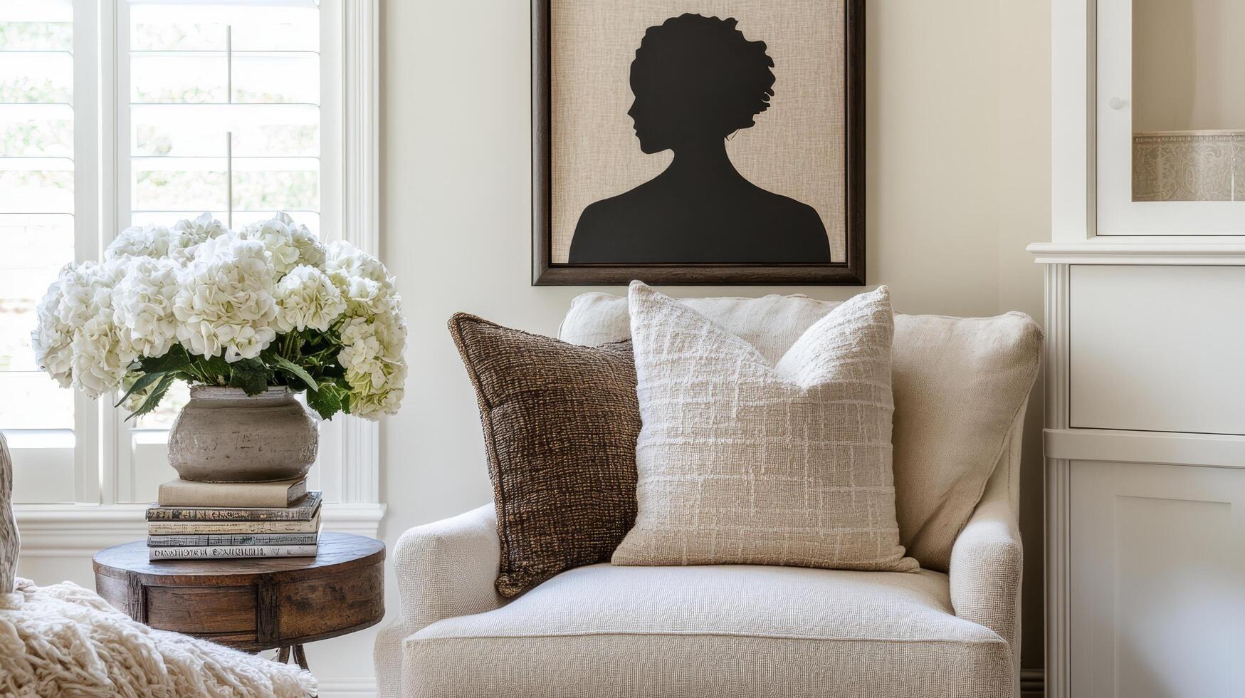 Elegant Interior Design Cozy Chair with Pillows, Art, and Hydrangeas for a Modern and Stylish Home Decor with a Touch of Luxury and Comfort photo