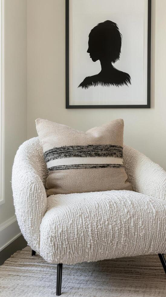 Plush Chair with Striped Pillow and Portrait Silhouette - A Modern Home Decor Scene for Relaxation and Stylish Living photo