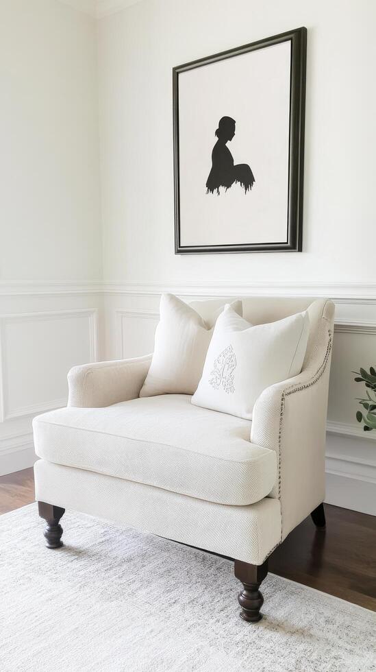 Elegant Armchair with Silhouette Artwork in a Bright, Cozy Room - A Stylish Interior Design for Relaxing at Home, Featuring Neutral Colors and Clean Lines photo
