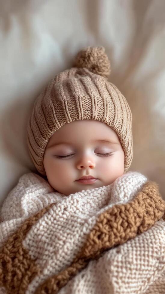 Peaceful Slumber A Portrait of a Sleeping Baby Wrapped in Cozy Blanket and Hat, Capturing Innocence, Serenity, and the Beauty of Early Childhood photo