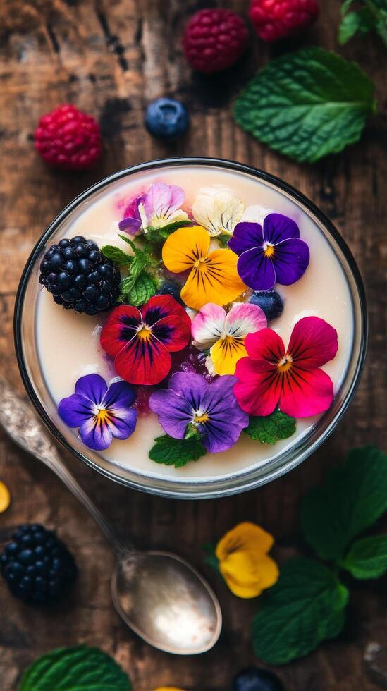 Floral Dessert Delight A Glass of Sweetness with Edible Flowers and Fresh Berries on a Rustic Wooden Table, a Vibrant and Delicious Culinary Treat photo