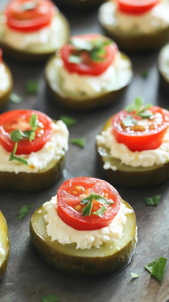 Pickle Bites Cream Cheese, Tomato Appetizer - A Fresh, Healthy Snack for Parties and Events with Delicious Gourmet Culinary Presentation photo