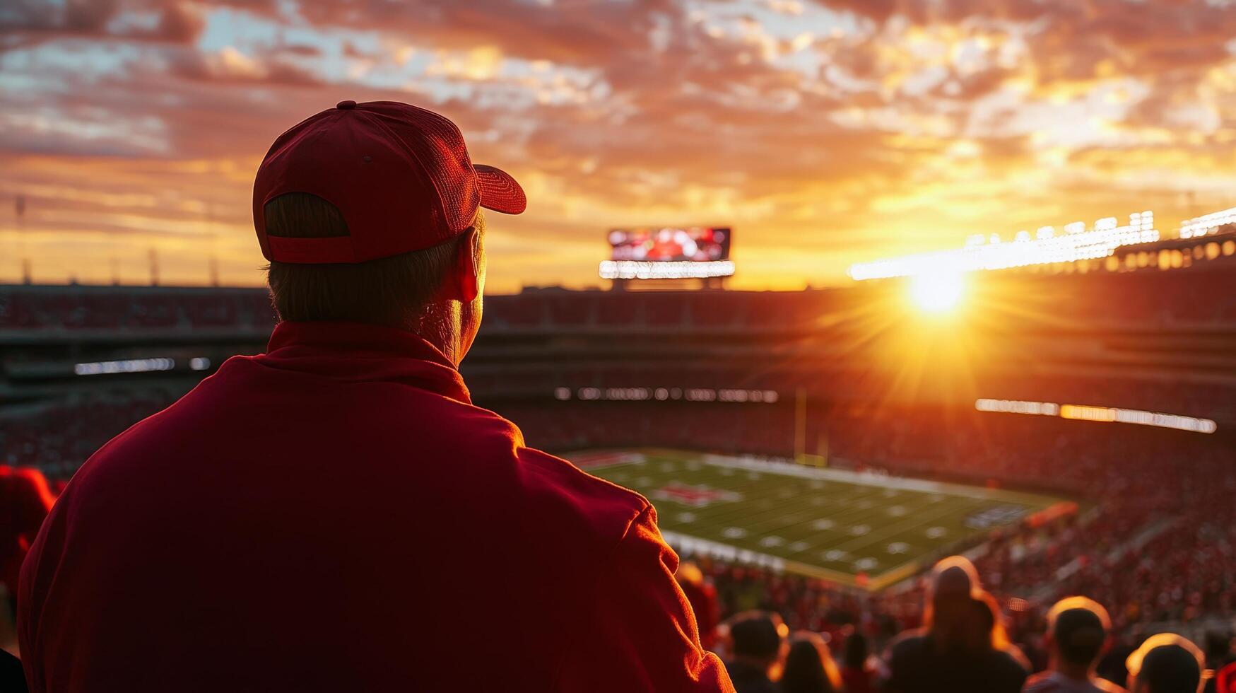 Fans Cheer Under Sunset Lights at an American Football Game, Creating an Unforgettable Atmosphere of Passion and Rivalry photo