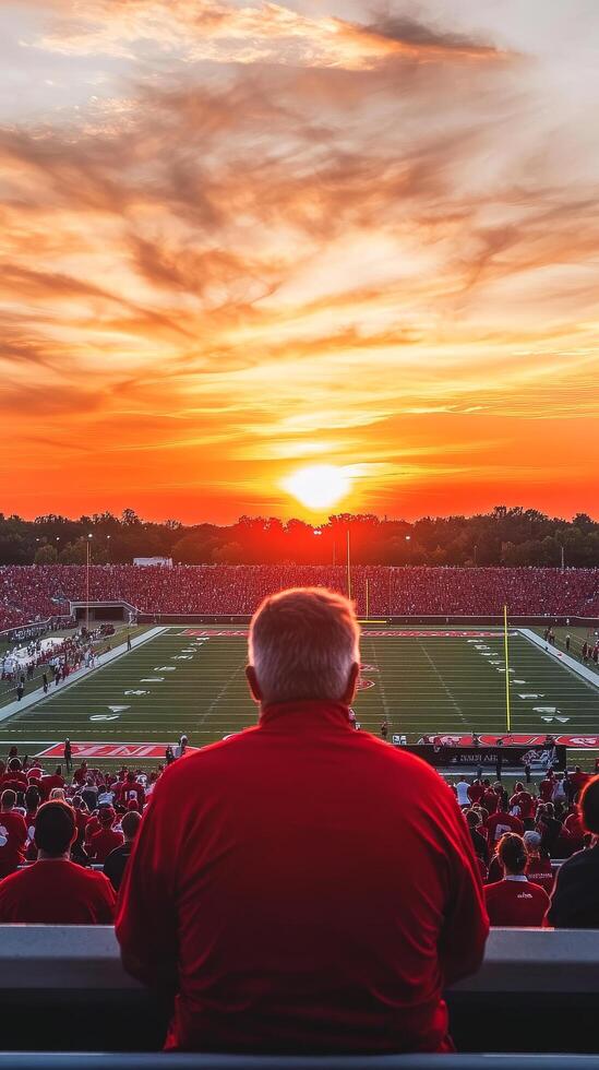 Spectacular Sunset over Packed Football Stadium A Moment of Anticipation and Awe as the Crowd Cheers for Their Team in the Golden Light photo