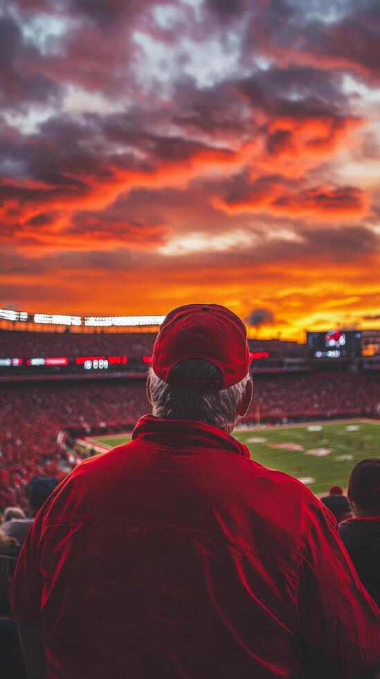 Captivating Stadium View Fan Engrossed in Game Amidst Fiery Sunset - Experience the Thrill of the Sport and the Beauty of the Sky. photo
