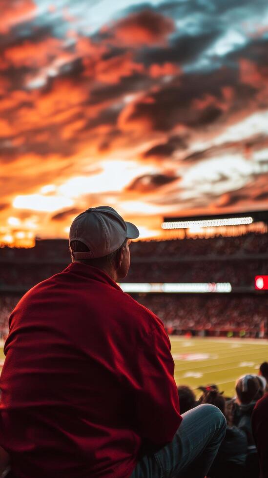 Captivating Stadium View Fan's Perspective at Sunset - Witnessing the Thrill of the Game, Energy, and Passion in the Crowd, Celebrating Team Spirit photo