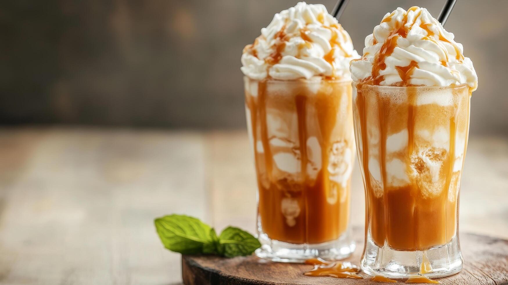 Iced Caramel Coffee Frappe A Delicious and Refreshing Sweet Beverage with Whipped Cream Topping on a Wooden Table, Perfect for a Hot Day photo