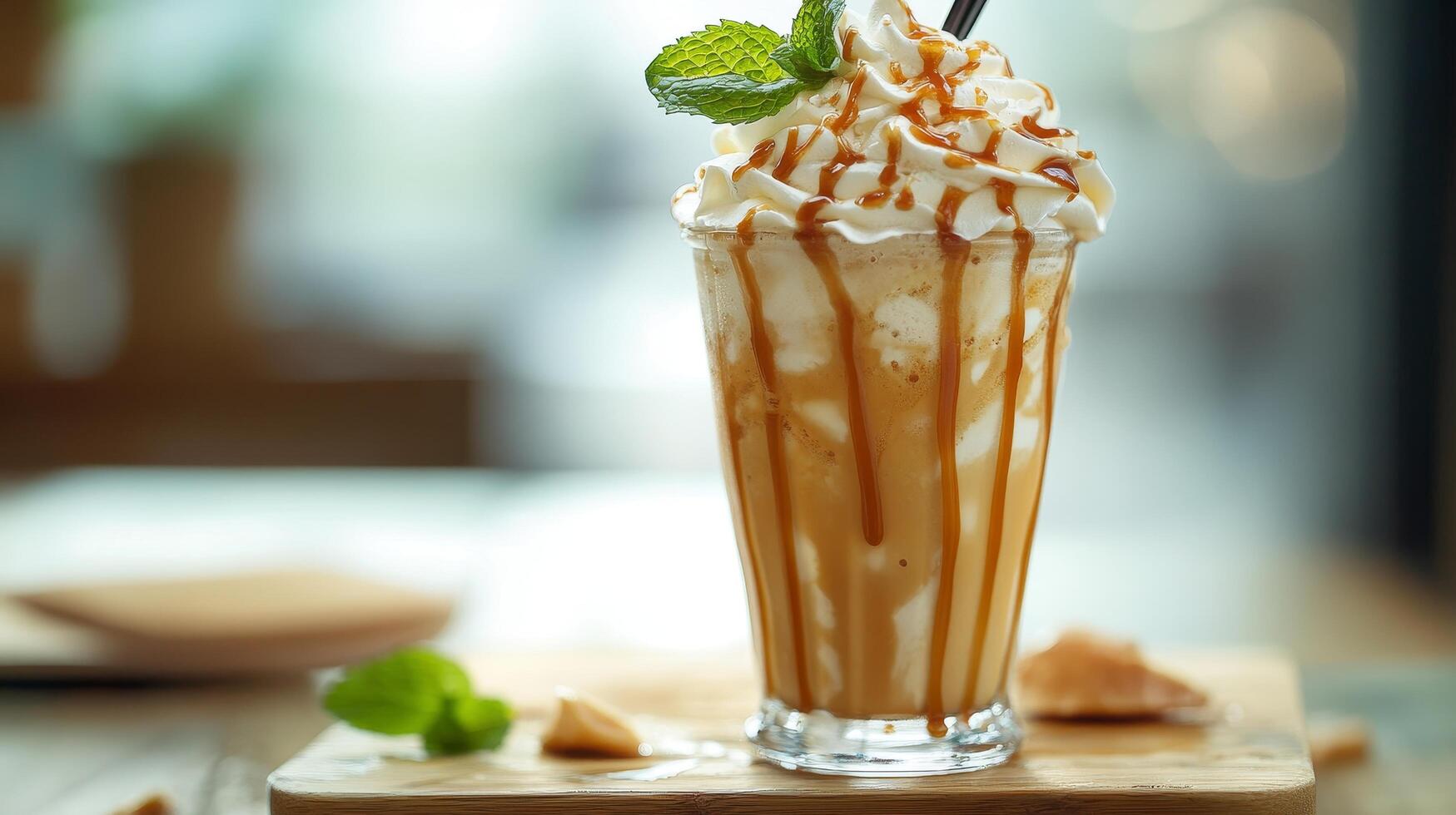 Indulgent Caramel Frappe A Sweet Symphony of Coffee, Cream, and Mint for a Delicious and Refreshing Treat on a Wooden Table in a Cozy Cafe photo
