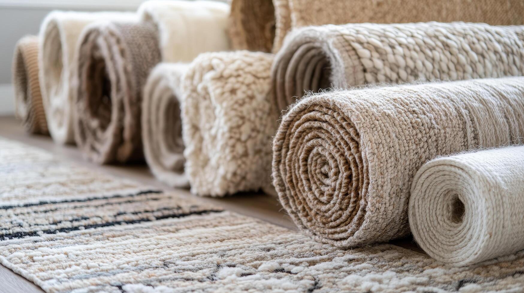 Elegant Rolled Rugs Beige Textures for Home Interior Design, Soft Carpets with Decorative Patterns, Cozy Fabric for Warm, Stylish Flooring Elements photo