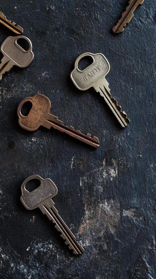 Unlock the Past A Collection of Vintage Keys on Dark Stone, Perfect for Security, Access, and Nostalgia-Themed Projects and Designs photo