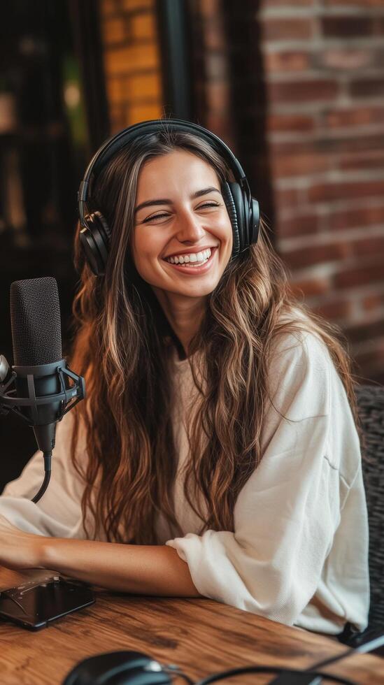 Radiant Podcaster A Smiling Woman's Voice Broadcasting Live from the Studio with Headphones and Microphone, Creating Engaging Online Content photo