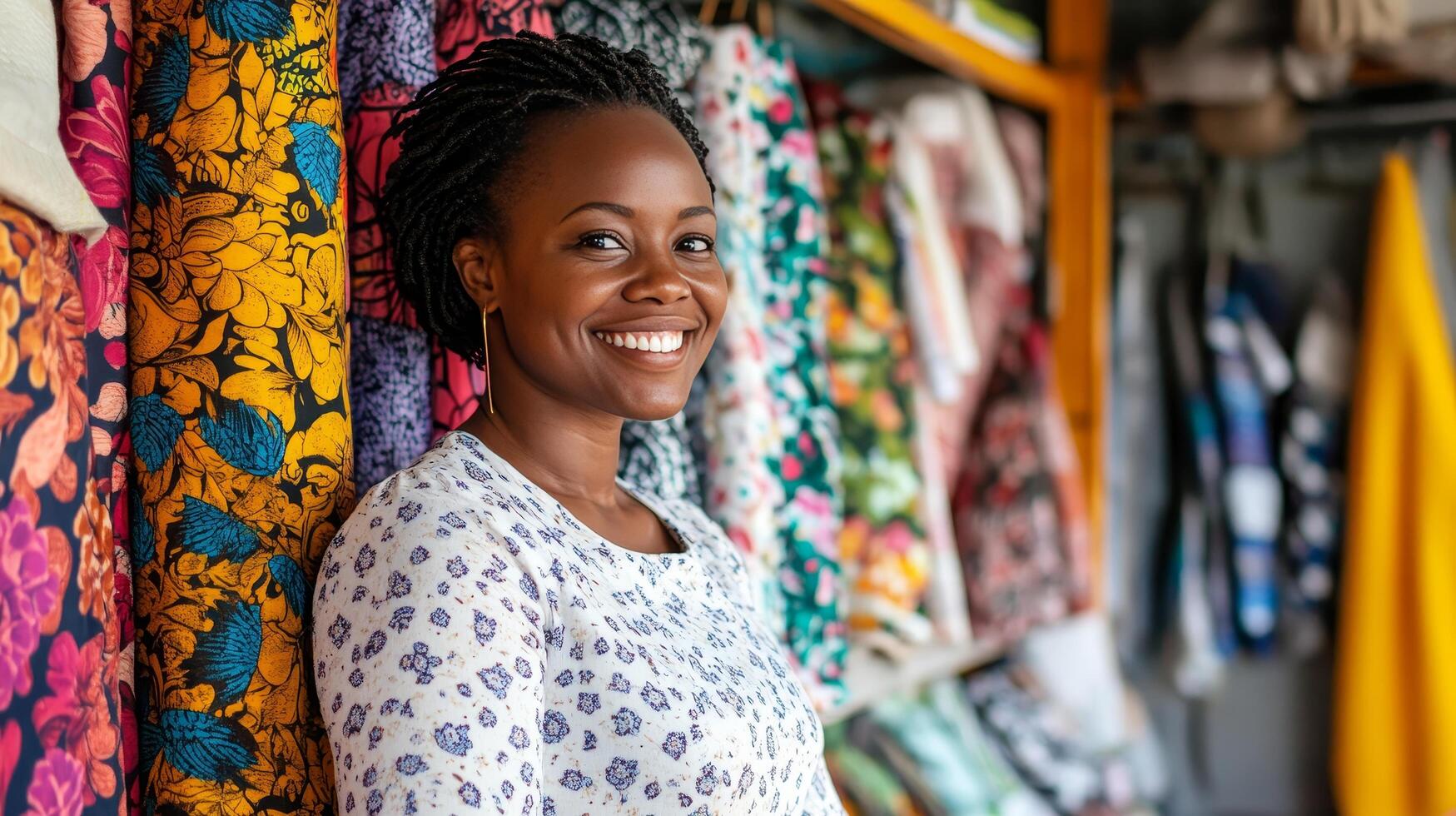 Radiant African Entrepreneur Showcasing Vibrant Textiles in Her Boutique, A Celebration of Culture, Style, and the Spirit of Small Business Ownership photo