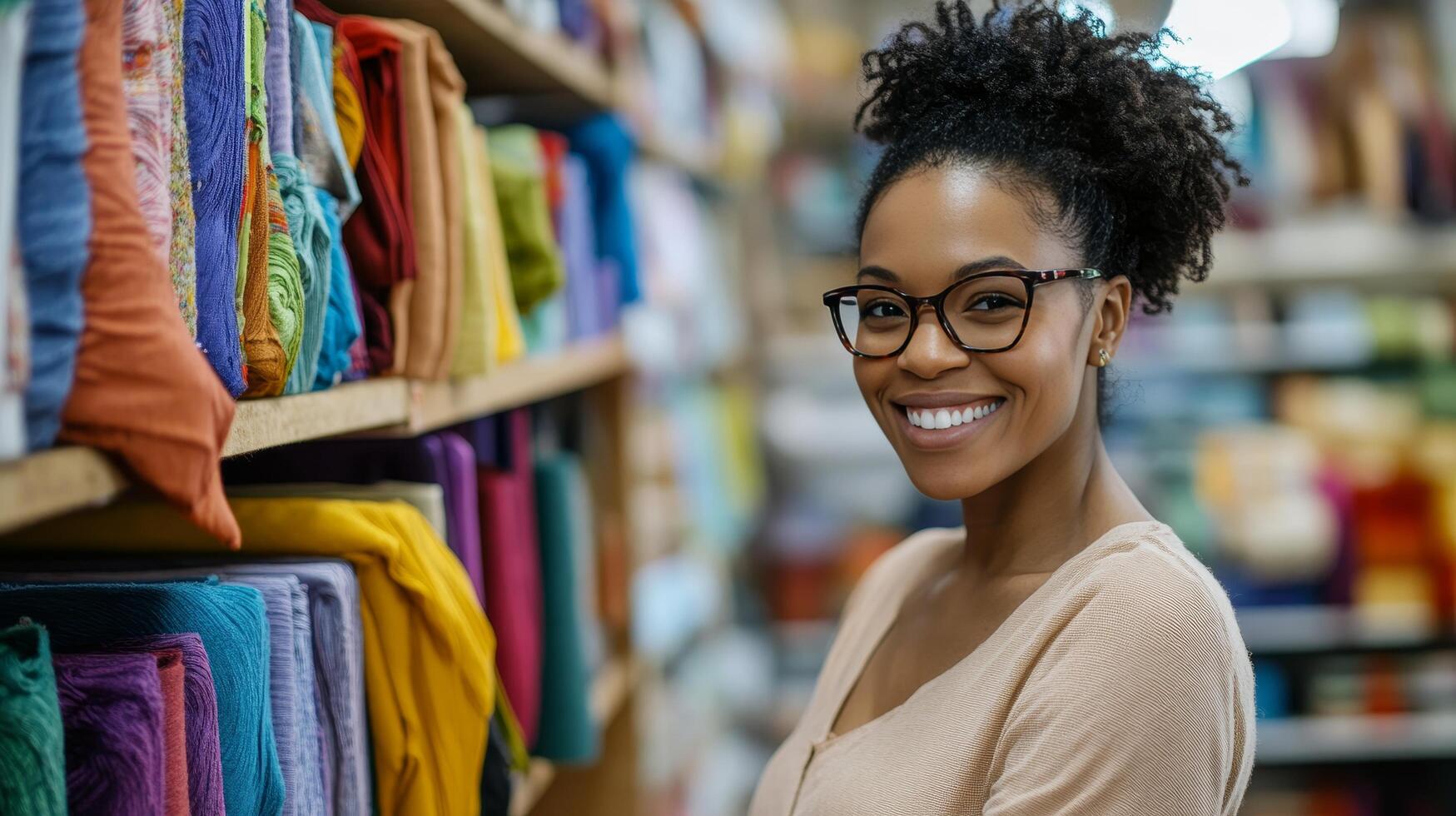 Smiling Woman Surrounded by Colorful Fabrics on Shelves in a Textile Store, Capturing the Essence of Retail and Fashion with a Diverse Selection photo