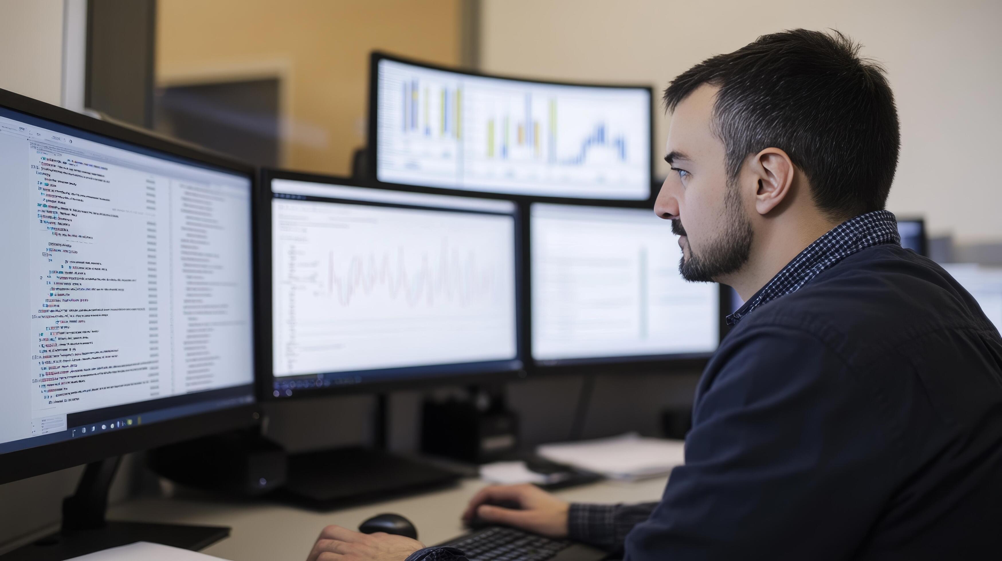 Man Analyzing Data on Multiple Computer Screens A Deep Dive into Business Analytics, Software Development, and Innovative Technology in the Modern Workplace 59967466 Stock Photo at Vecteezy