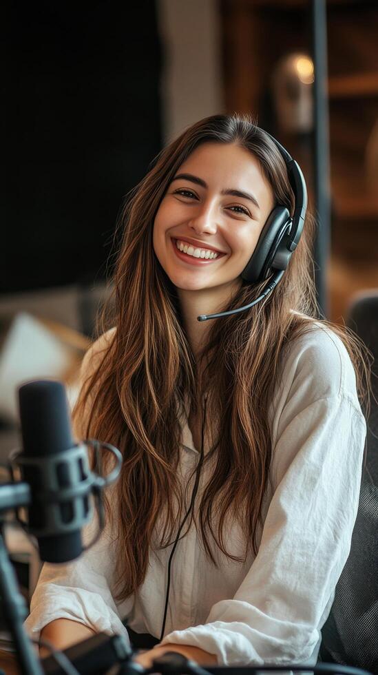 Radiant Podcaster A Smiling Woman with Headphones in Studio, Broadcasting Live with Professional Audio Equipment and Modern Technology for Online Content photo