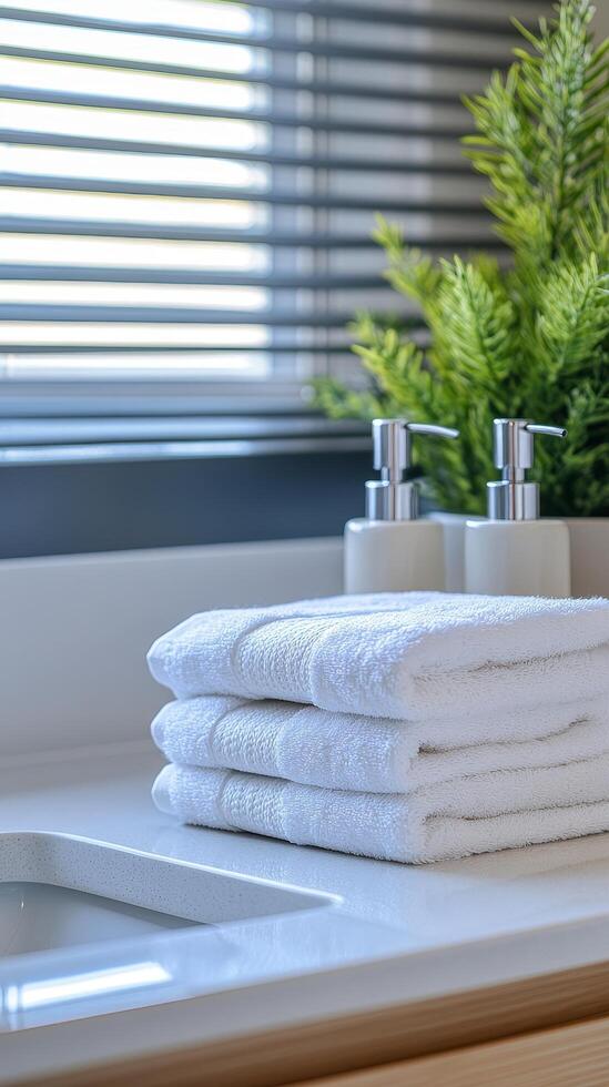 Serene Bathroom Still Life Stacked White Towels, Soap Dispensers, and Green Plant Accents for a Clean and Modern Spa-Like Atmosphere photo