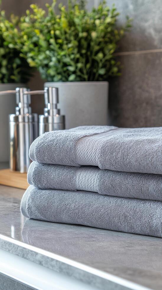 Serene Stack Gray Towels for a Spa-Like Bathroom Experience, Clean Cotton and Soft Linen for Home Decor and Comfort, Modern Interior Design photo