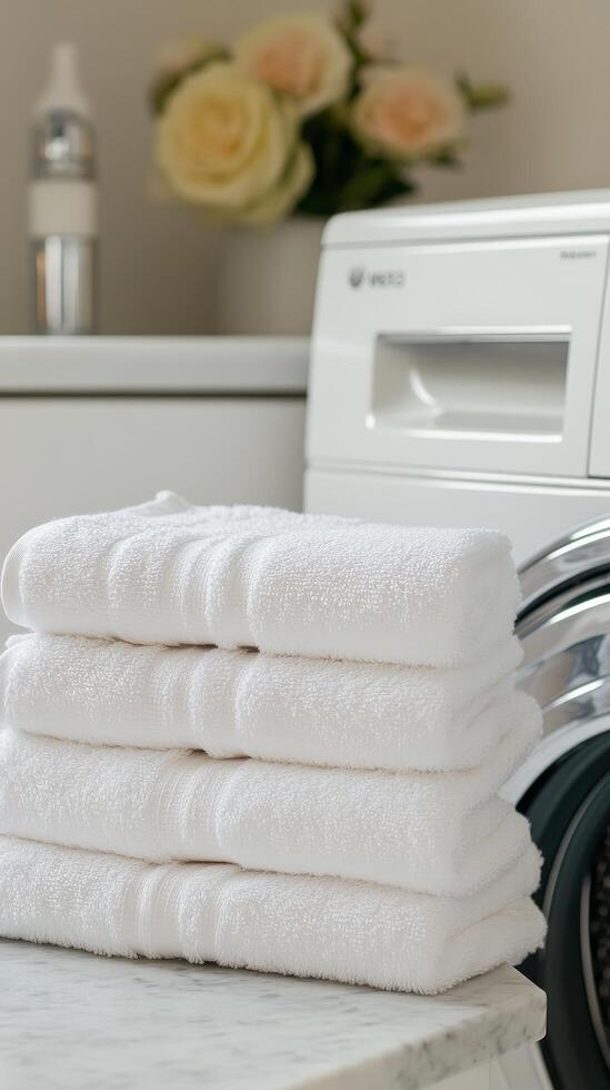 Freshly Stacked White Towels in a Serene Laundry Setting, Alongside Delicate Roses and Modern Appliances, Evoking a Sense of Cleanliness and Comfort photo