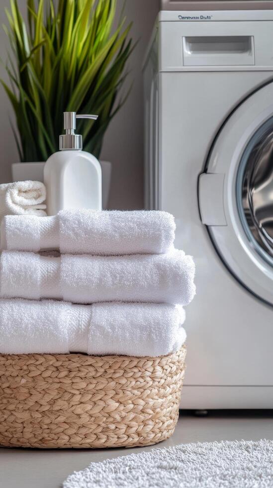 Serene Laundry Day Fresh White Towels Stacked in a Woven Basket Next to a Modern Washing Machine, Promoting Cleanliness and Comfort in a Home Spa Setting photo