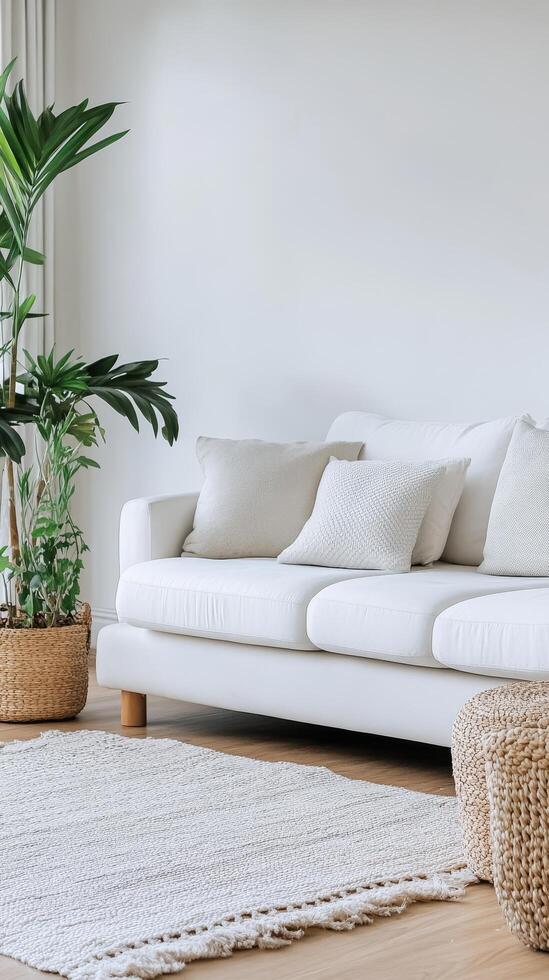 Serene Interior A Minimalist Living Room with White Sofa, Cushions, and a Touch of Greenery for a Fresh and Elegant Lifestyle. photo