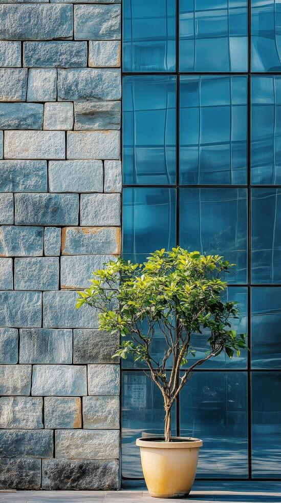 Modern Building Facade with Glass and Stone Wall, Urban Design, Abstract Architectural Exterior and Geometric Pattern, Contemporary City Structure photo