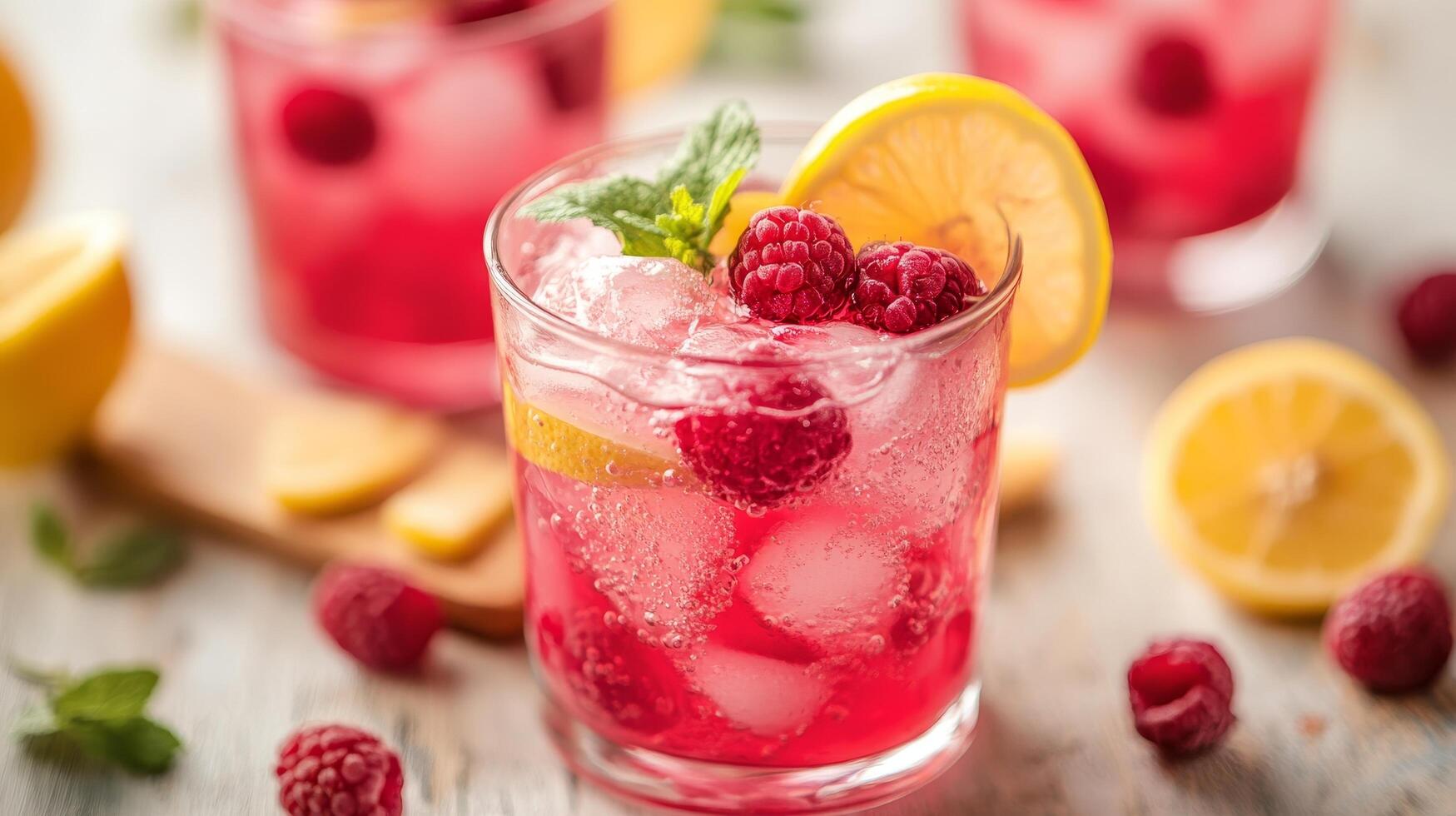 Refreshing Raspberry Lemonade A Fizzy Delight with Ice and Mint, Perfect for Summer Sipping and Refreshment on a Wooden Table Backdrop photo