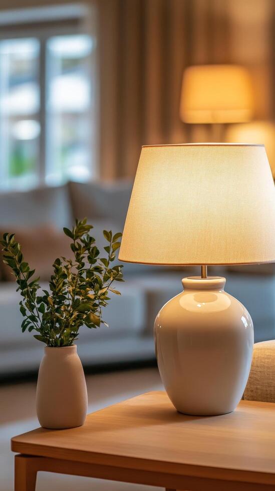 A stylish home interior with soft ambient lighting, featuring a table lamp and a floral arrangement that add warmth and charm to a modern living space photo