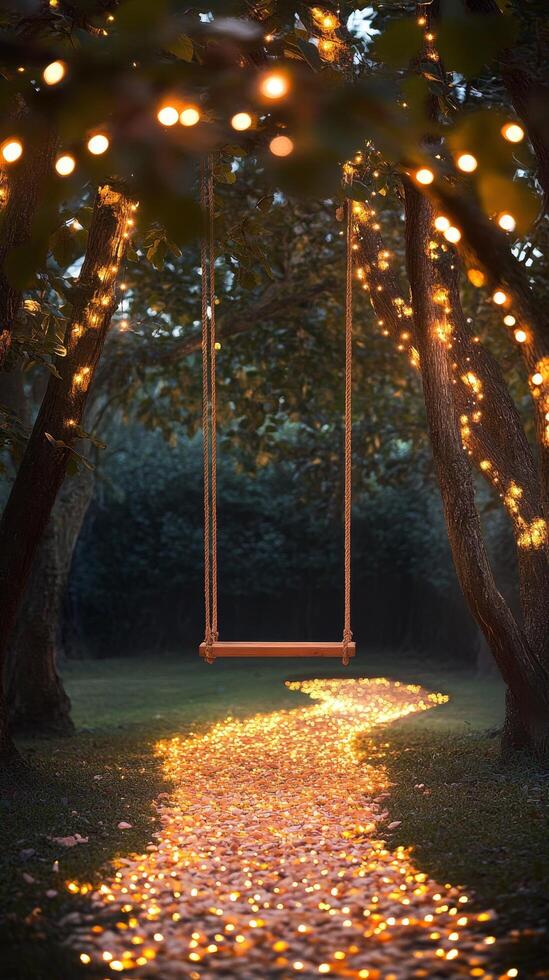 Enchanting Swing in a Luminous Garden A Twilight Path of Lights, Romantic Evening Scene, Serene Nature, Dreamy Foliage, and Tranquil Scenery photo