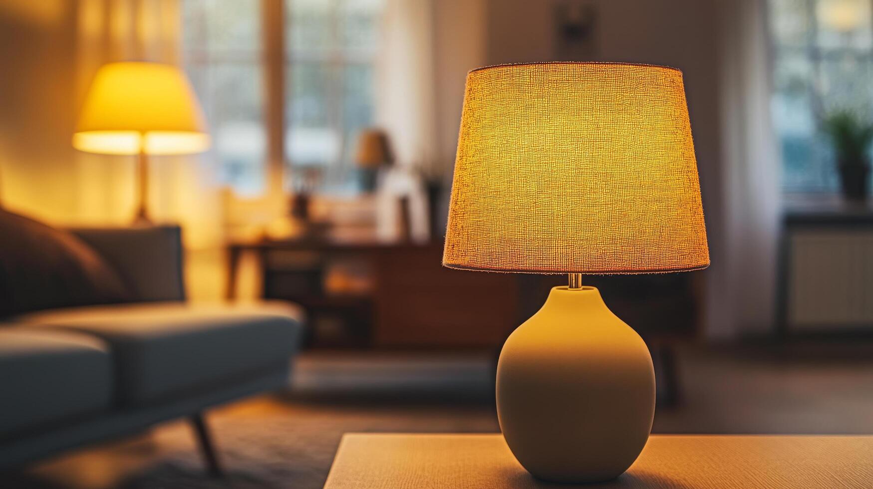 An elegant living room with cozy ambient lighting, where a table lamp and floral decor create a welcoming atmosphere photo
