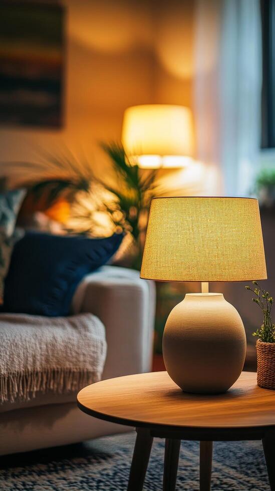A sophisticated living space with a table lamp and floral arrangement, setting a cozy mood with ambient lighting in a contemporary design photo