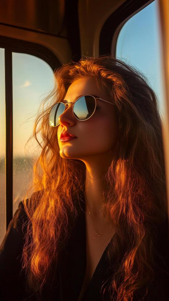 Golden Hour Gaze A Woman's Serene Journey in Retro Sunglasses, Bathed in Sunset Light, Reflecting Elegance and Nostalgia During a Tranquil Travel photo