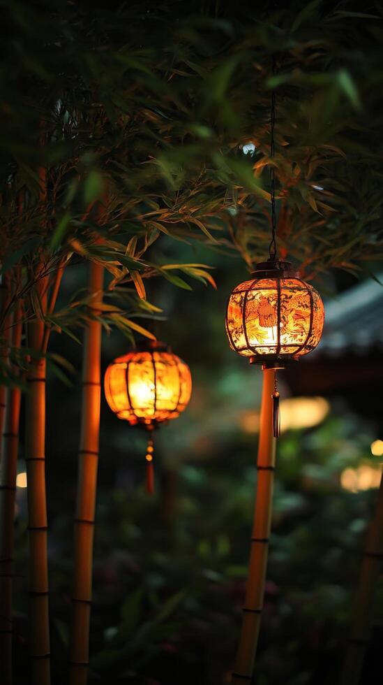 Enchanting Lanterns Aglow A Symphony of Light and Shadow in a Tranquil Oriental Garden at Twilight, Infusing Festive Charm and Traditional Beauty photo