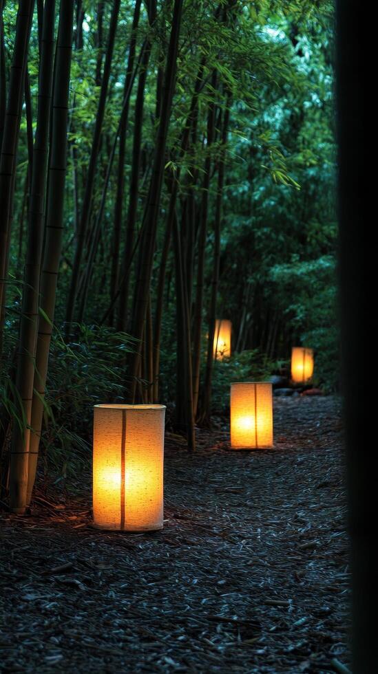 Enchanting Bamboo Forest Pathway Lanterns Illuminate the Tranquil Twilight Scene, Casting a Serene Glow on the Woodland Path, Creating a Peaceful Atmosphere photo