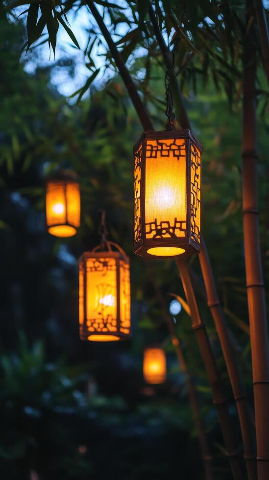 Enchanting Lanterns A Warm Glow Amidst Bamboo Foliage, Illuminating the Night with Tranquility and Elegance, Evoking a Sense of Oriental Serenity photo