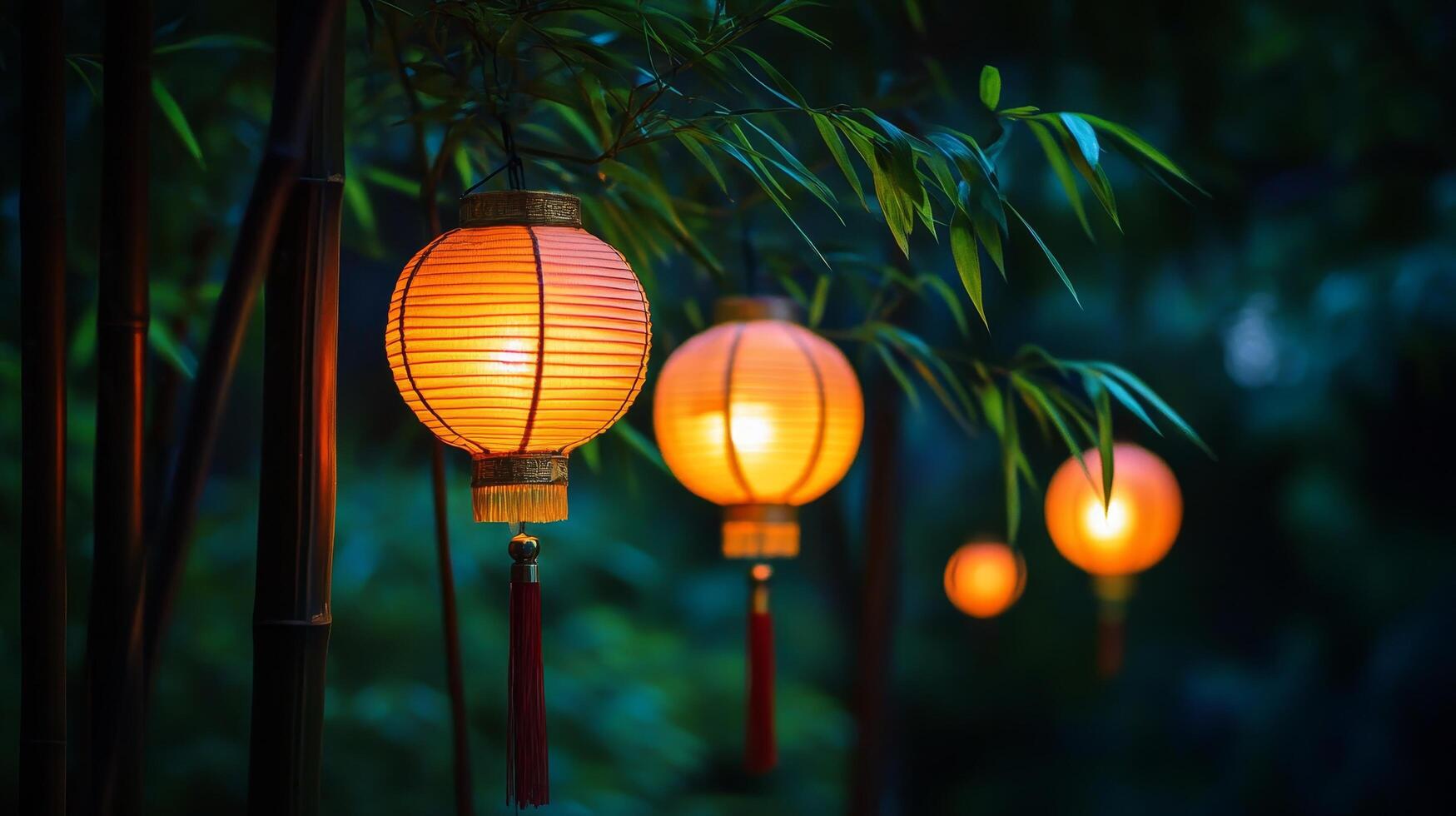 Mesmerizing lanterns casting a soft glow in the bamboo garden, creating an enchanting atmosphere photo