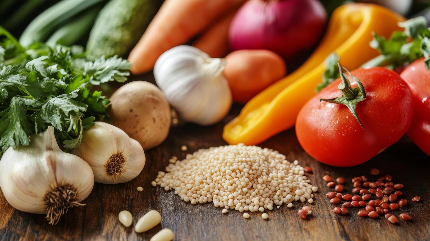 Vibrant Still Life Fresh Vegetables, Garlic, Tomato, and More on a Rustic Wooden Table for Healthy Cooking and Culinary Inspiration photo