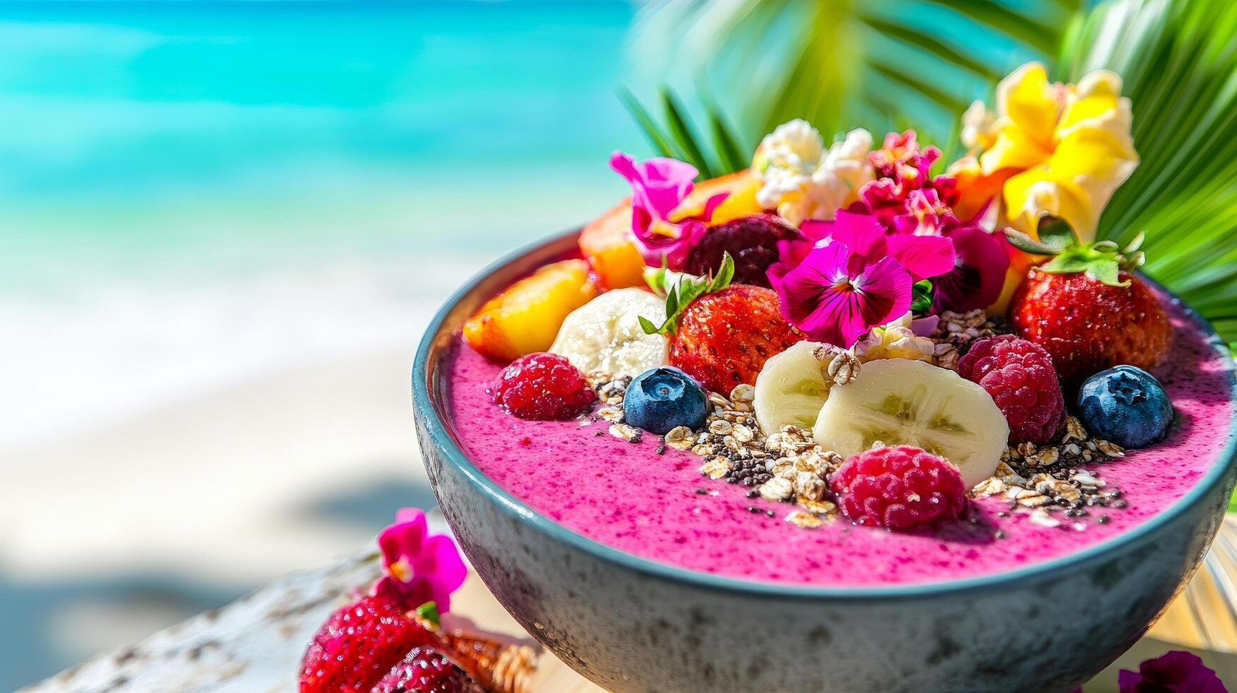 Exotic Smoothie Bowl on Tropical Beach A Vibrant Blend of Fresh Fruits, Flowers, and Granola for a Healthy and Refreshing Start to Your Day photo
