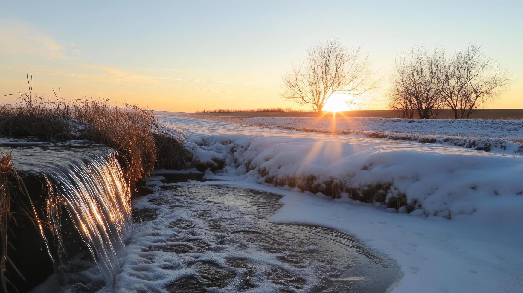Winter's Kiss A Tranquil River Cascade at Sunset, Embraced by Snow and Ice, Reflecting Sunlight in a Serene Landscape photo