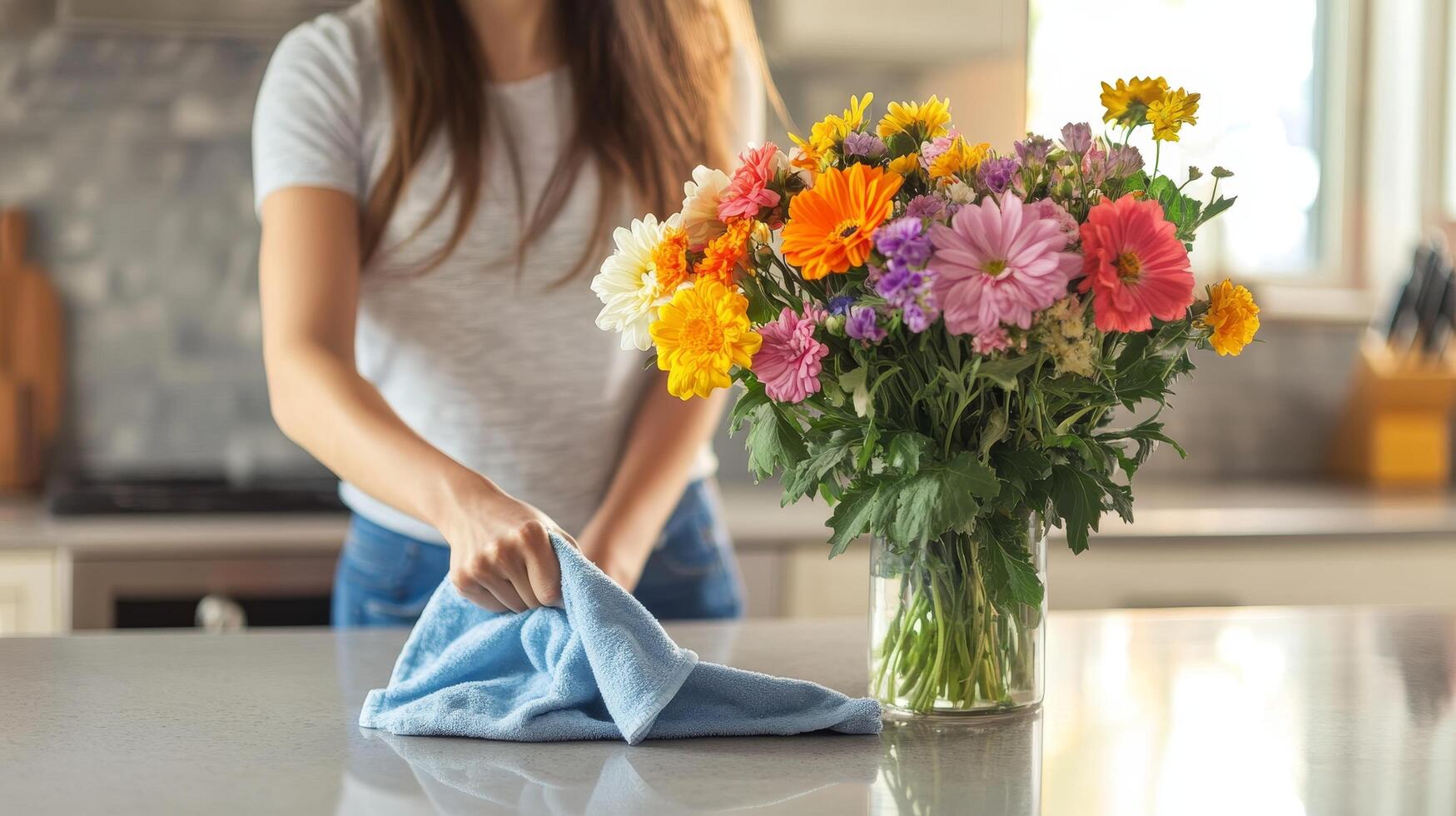 Woman Cleans Kitchen Counter with Flowers Fresh Bouquet, Vibrant Colors, Domestic Bliss, Modern Interior, and Housekeeping Chores at Home photo