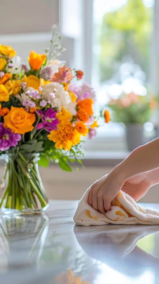 Refreshing Home Cleaning Marble Table with Flowers in Vase A Bright Bouquet, Clean Surface, and a Touch of Spring in a Modern Interior Design photo
