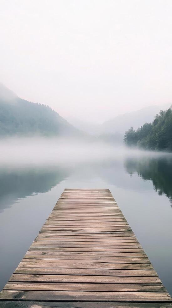 Serene Lake Landscape with Wooden Pier in Misty Mountains A Tranquil Nature Scene with Fog, Calm Waters, and Reflections on a Peaceful Morning photo