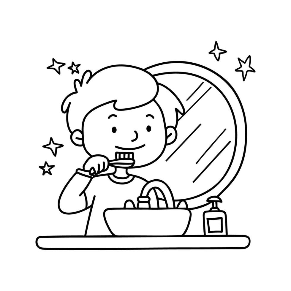 Illustration of a kid brushing teeth in the sink with mirror and toothpaste splatters vector