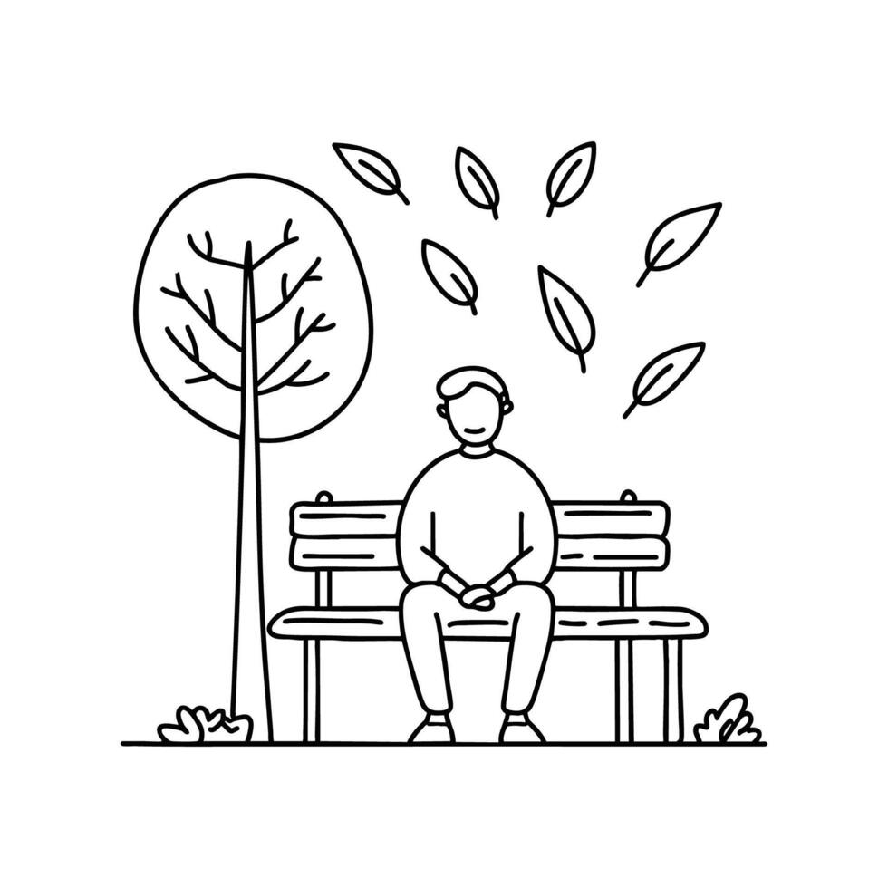 Illustration of a person sitting still on a park bench surrounded by falling leaves vector