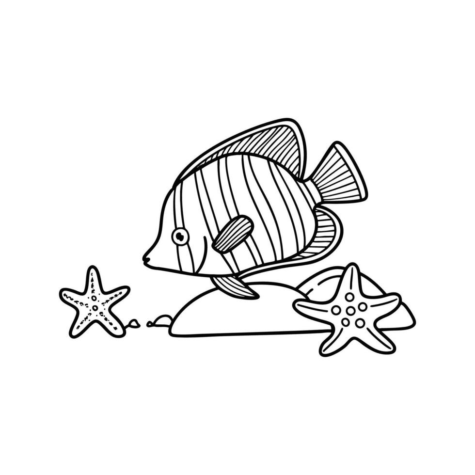 Illustration of a queen angelfish resting on a rock while starfish gather nearby vector