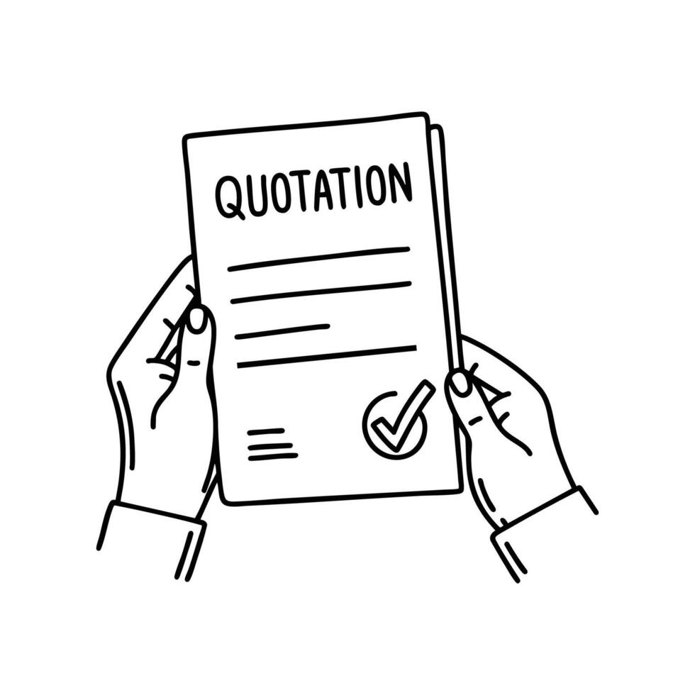 Illustration of a hand holding a letterhead titled Quotation with a checkmark on the corner vector