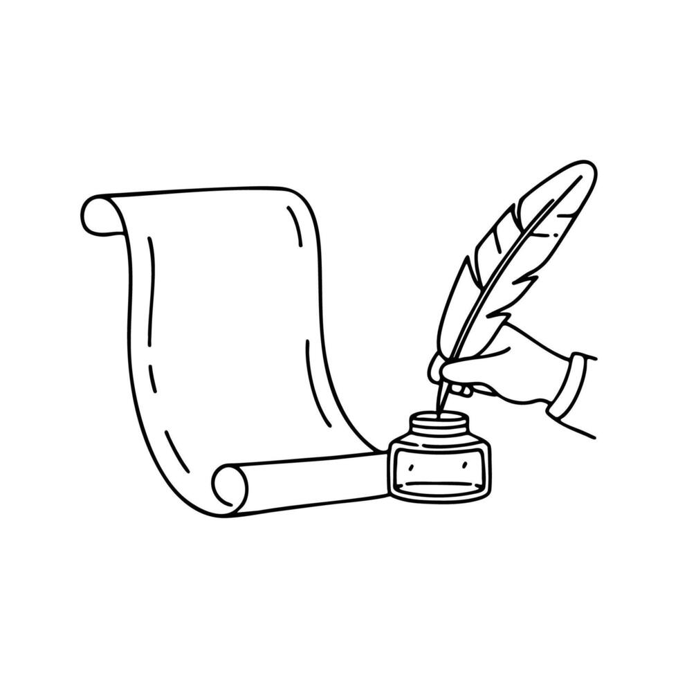 Illustration of a hand dipping a feather quill into an ink bottle beside a parchment vector