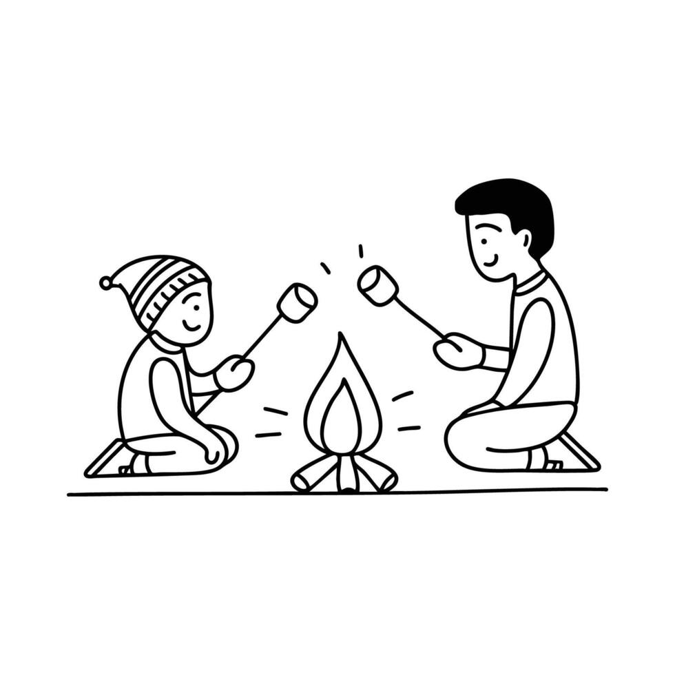 Illustration of father and son roasting marshmallows over a tiny campfire vector