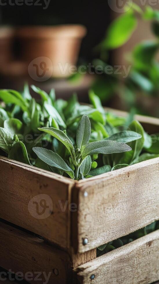 Fresh Sage in a Wooden Crate - A Close-up View of Natural Herbs photo