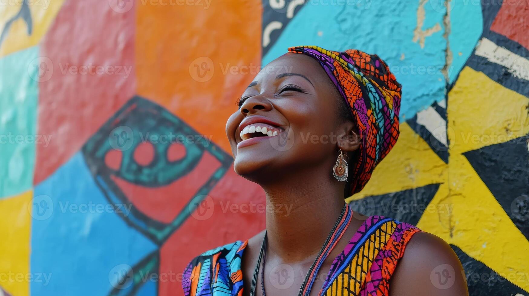 Joyful Woman in Colorful Fashion Against a Vibrant Mural photo