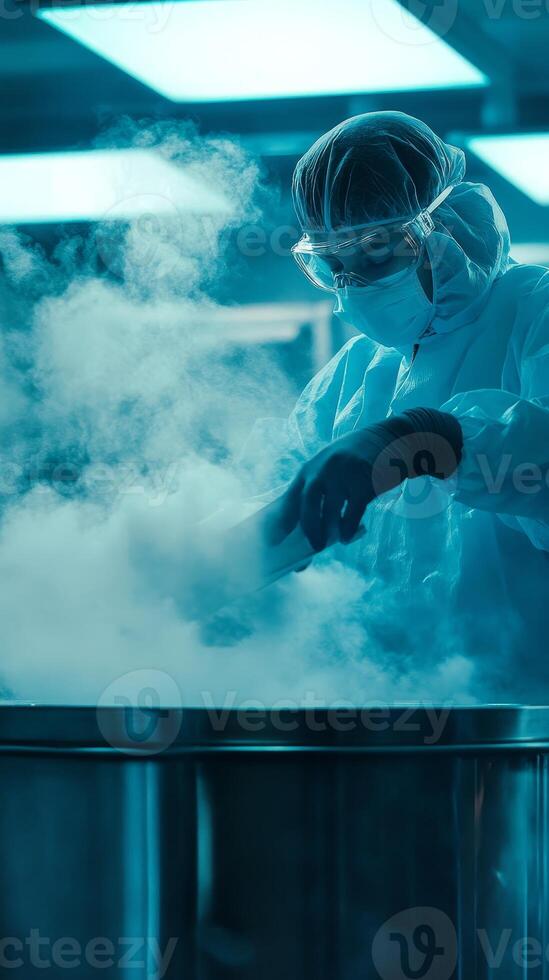 Scientist working with cryogenic liquid in a modern lab photo